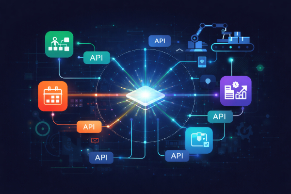 Enterprise system integration connecting ERP platforms, APIs, and business tools